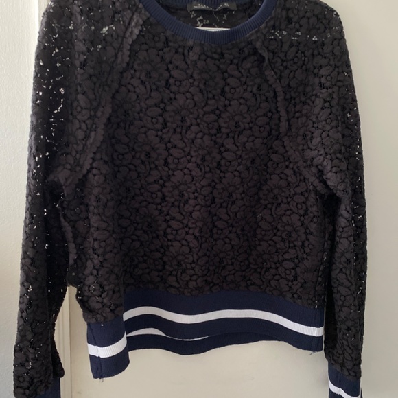 Zara Women's Navy Blue Lace Sporty Striped Long Sleeve Crew Neck Sweater - Picture 2 of 5